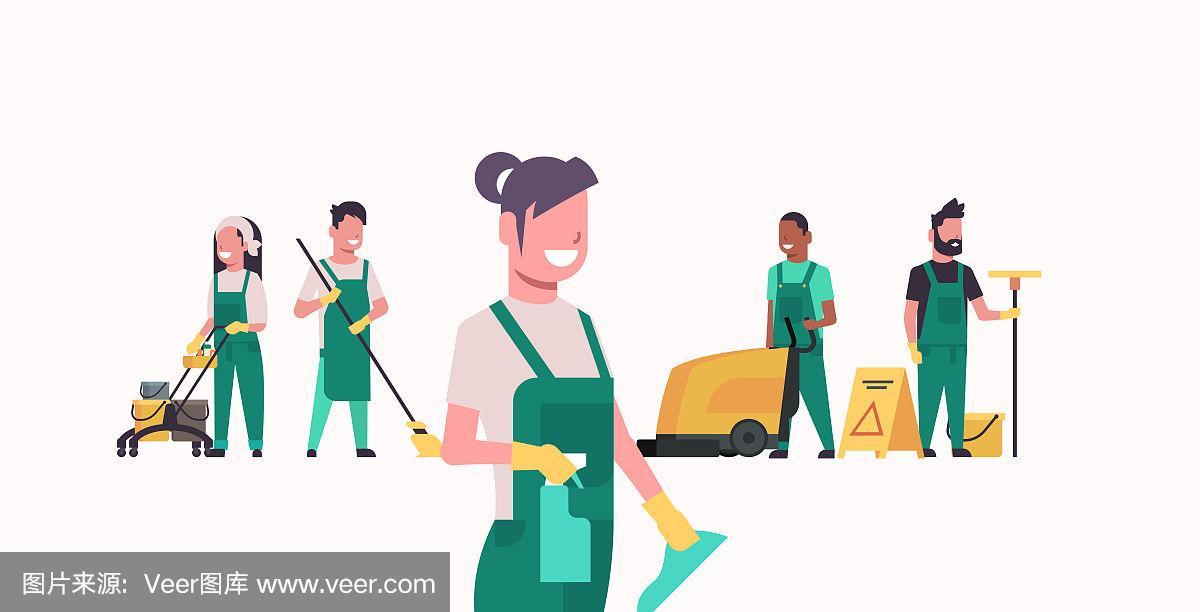 保洁员团队保洁服务理念男女保洁员统一制服配合专业设备平直全长水平